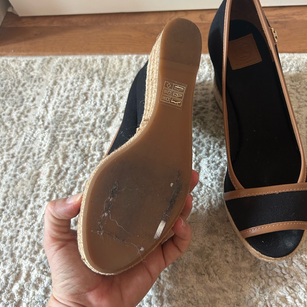 Tory Burch Black Canvas Wedge Espadrilles with Tan Trim - Picture 5 of 7